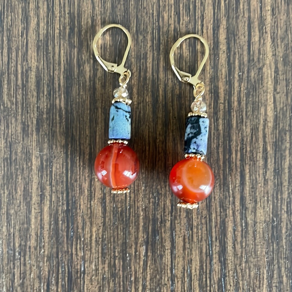 HAND CRAFTED EARRINGS Sodalite and Carnelian with Crystals - Picture 1 of 10